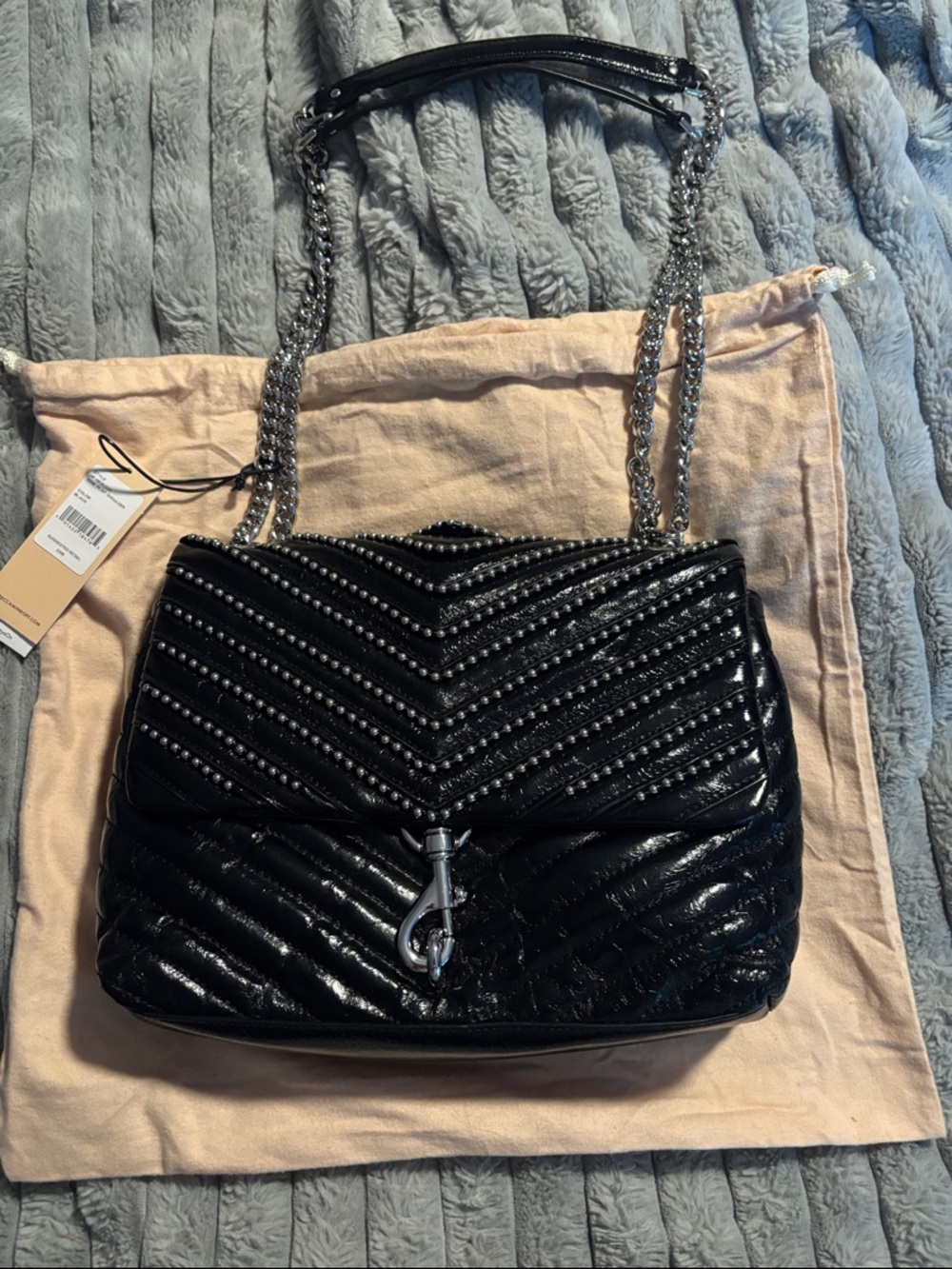 Rebecca Minkoff Black Quilted Chevron Stud Shoulder Bag with Chain Strap